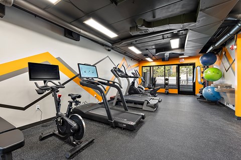 A gym with treadmills, exercise balls, and a monitor.