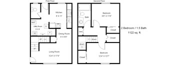 A floor plan of a two bedroom apartment with a living room, kitchen, dining room and bathroom.