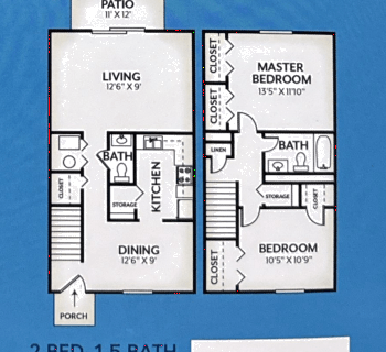 A floor plan of a two bedroom, one bathroom apartment.