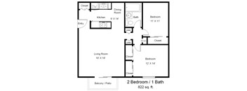 A black and white image of a floor plan for a 2 bedroom, 1 bath house.