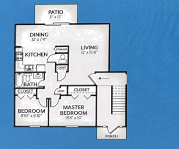 A floor plan of a house with a patio, dining area, kitchen, living room, two bedrooms, a bathroom, and a porch.
