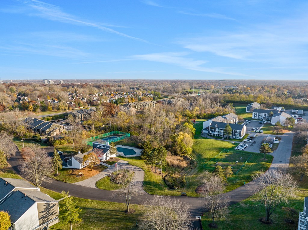 an aerial view of a neighborhood with houses and trees