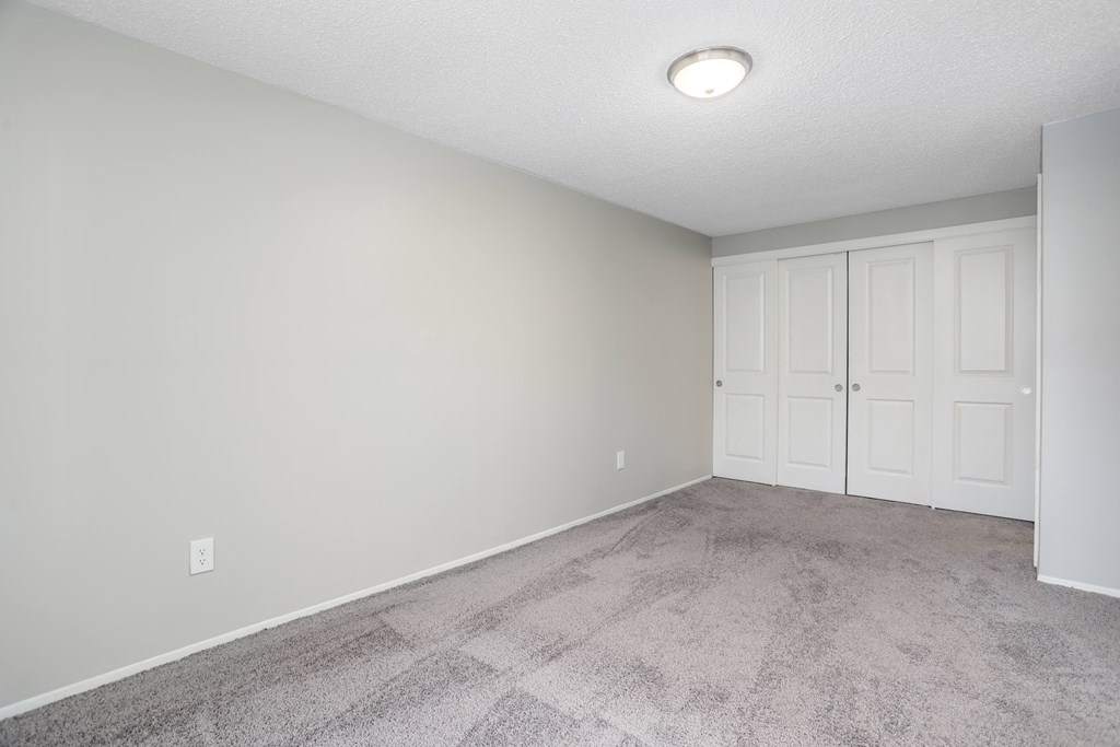 an empty living room with carpet and white doors