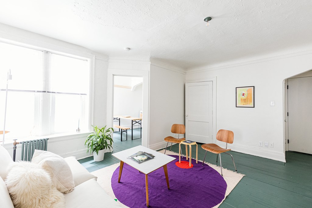 a living room with a purple rug and a white couch