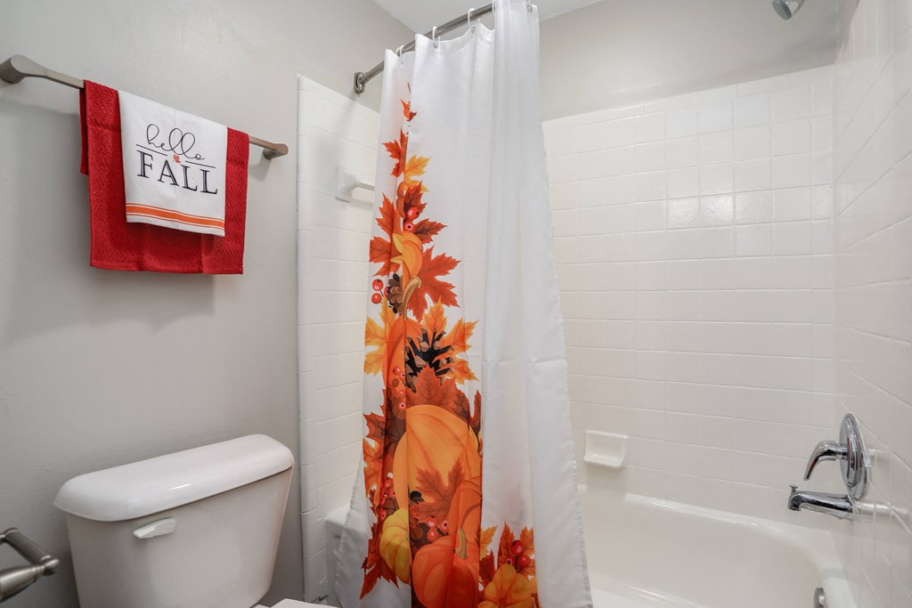 a bathroom with a shower curtain and a toilet