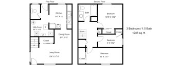 A floor plan of a two-story home with three bedrooms and two bathrooms.