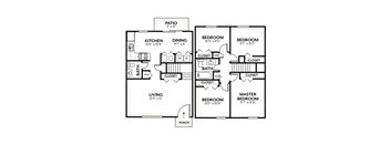 A black and white floor plan of a house with a living area, kitchen, dining area, two bedrooms, a bathroom, and a patio.