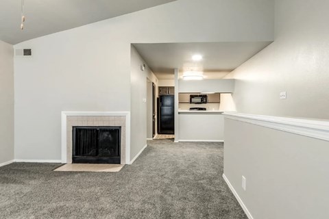 A living room with a fireplace and a television.