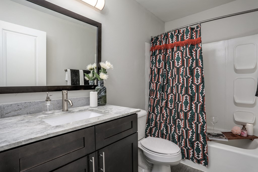 a bathroom with a sink and toilet and a shower curtain