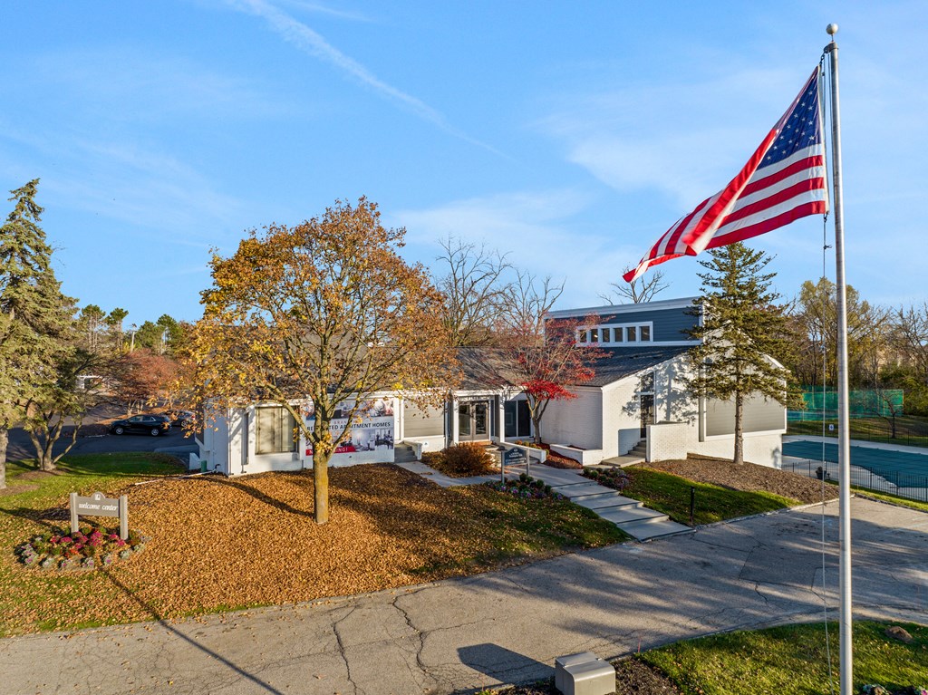 an flag in front of a building
