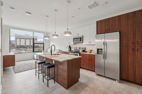 Kitchen with wooden counter at Lafayette West Apartments, Detroit, MI
