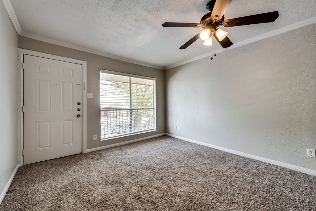 A room with a ceiling fan and carpeted floor.