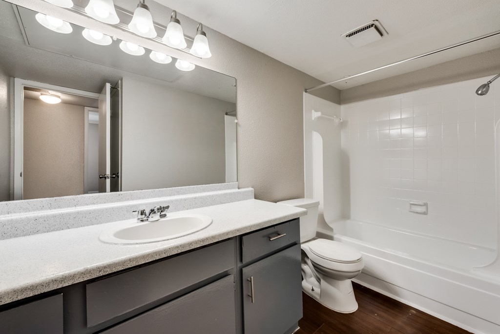 A bathroom with a sink, mirror, toilet and bathtub.