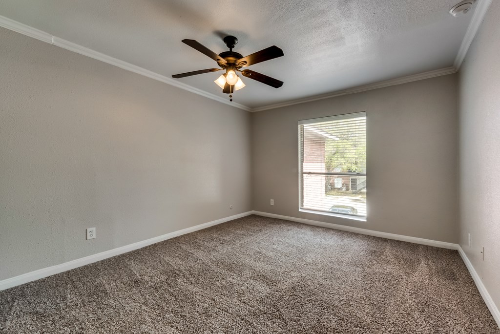 A room with a ceiling fan and carpeted floor.