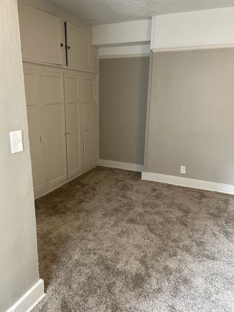an empty living room with gray carpet and white cabinets