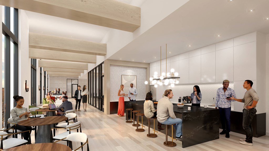 a rendering of people in a lobby with a bar and tables