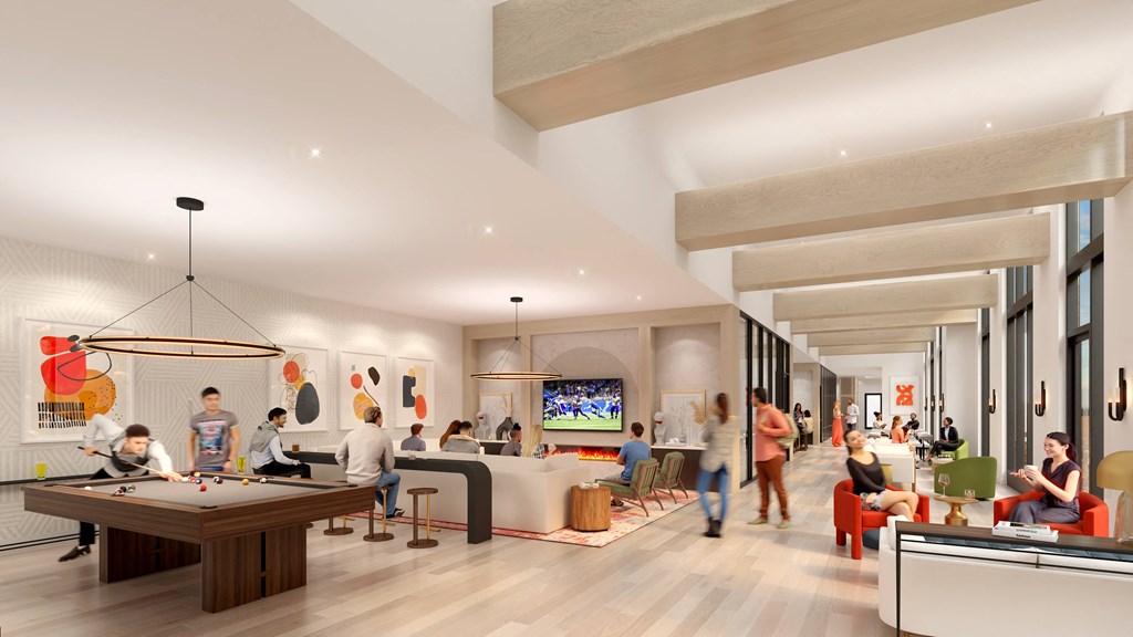 a rendering of a communal area with a pool table and a tv