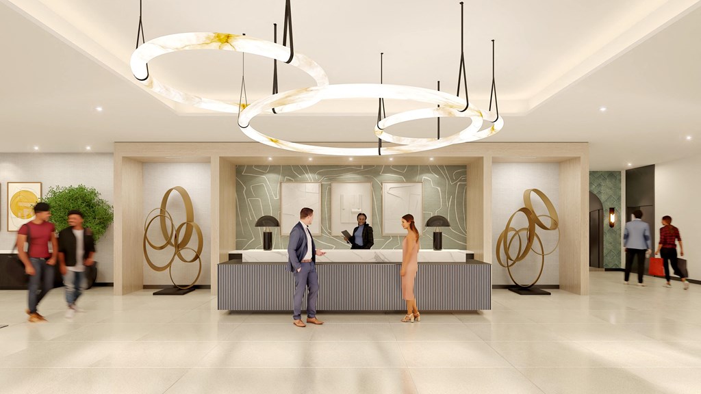 a rendering of the lobby of a hotel with a reception desk