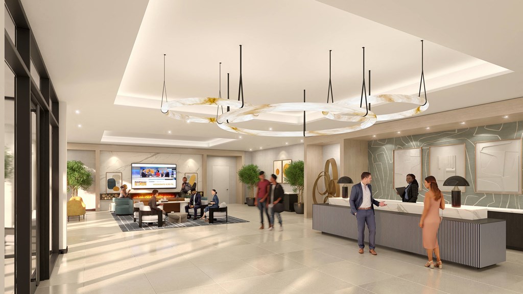 a rendering of the lobby of a hotel with people in it