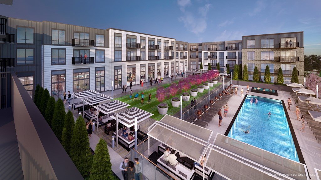 a rendering of an apartment building with a swimming pool