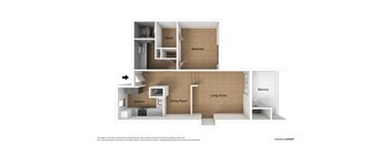 A diagram of a house layout with a kitchen, dining room, living room, bedroom, and balcony.
