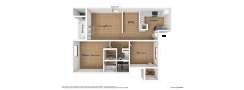 A diagram of a house layout with a living room, dining room, kitchen, and bedrooms.