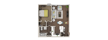 A top-down view of a small apartment with a bed, a couch, a kitchen, and a bathroom.