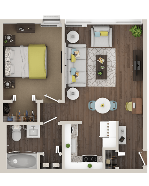 A top-down view of a small apartment with a bed, a couch, a kitchen, and a bathroom.