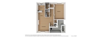 A floor plan of a small apartment with a living room, kitchen, dining area, bedroom, and storage space.