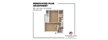A floor plan of a renovated plus apartment with a 1 bed 1 bath and woodland oaks apartment homes logo.