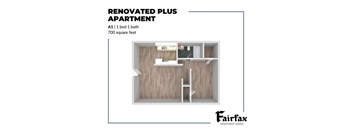 A renovated apartment with a bed, a bath, and a total area of 700 square feet.