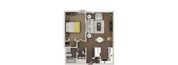 A top-down view of a small apartment with a bedroom, living room, and kitchen.