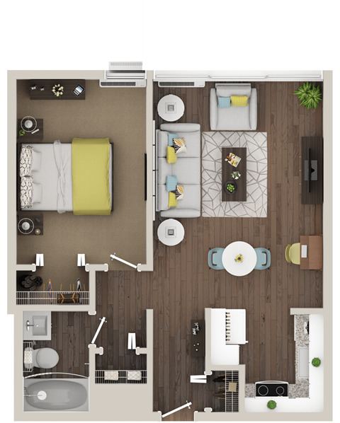 A top-down view of a small apartment with a bedroom, living room, and kitchen.