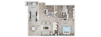A floor plan of a home showing a living room, dining room, kitchen, and two bedrooms.