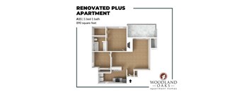 A floor plan of a renovated plus apartment with a bed and bath.