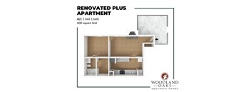 A floor plan of a renovated plus apartment with a 1 bed 1 bath and 600 square feet.