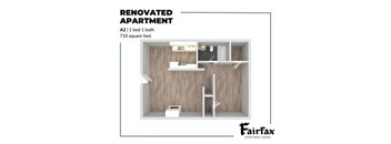 A renovated apartment with a 1 bed 1 bath layout and 710 square feet.