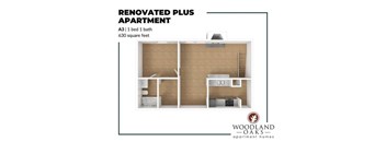 A floor plan of a renovated plus apartment with a bed, a bath, and a living area.