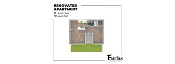 A floor plan of a renovated apartment with one bed and one bath.