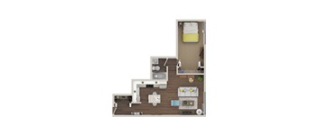 A top-down view of a small apartment with a kitchen, living room, and bedroom.