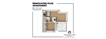A floor plan of a renovated plus apartment with a bed, bath, and kitchen.