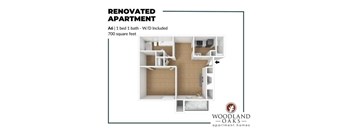 A floor plan of a renovated apartment with a bedroom, living room, and kitchen.