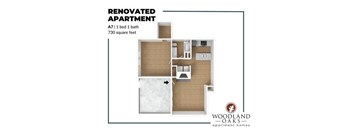 A floor plan of a renovated apartment with a bedroom, bathroom, and kitchen.