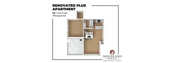 A floor plan of a renovated plus apartment with a bed, a bath, and 780 square feet of space.