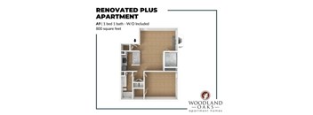 A floor plan of a renovated plus apartment with a bed, a bath, and a work desk.
