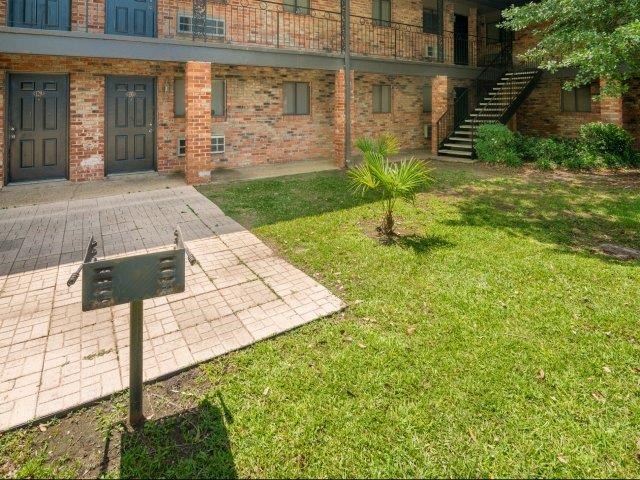 a small palm tree in front of a brick building