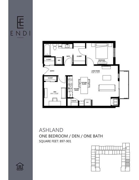 A floor plan for a one bedroom apartment with one bath.