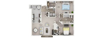 A floor plan of a small apartment with a living room, kitchen, and two bedrooms.