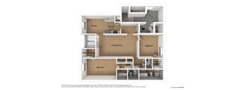 A floor plan of a 3D room layout with a dining area, kitchen, living room, bedrooms and bathrooms.