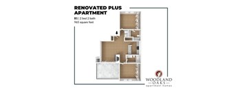 A floor plan of a renovated plus apartment by Woodland Oaks Apartment Homes.